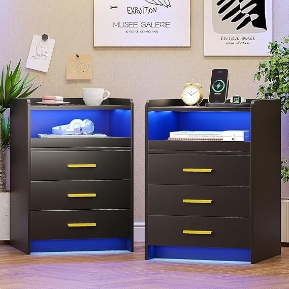Set of 2 Black LED Bedside Tables with Charging Station & 3 Drawers | Modern - Kwikley