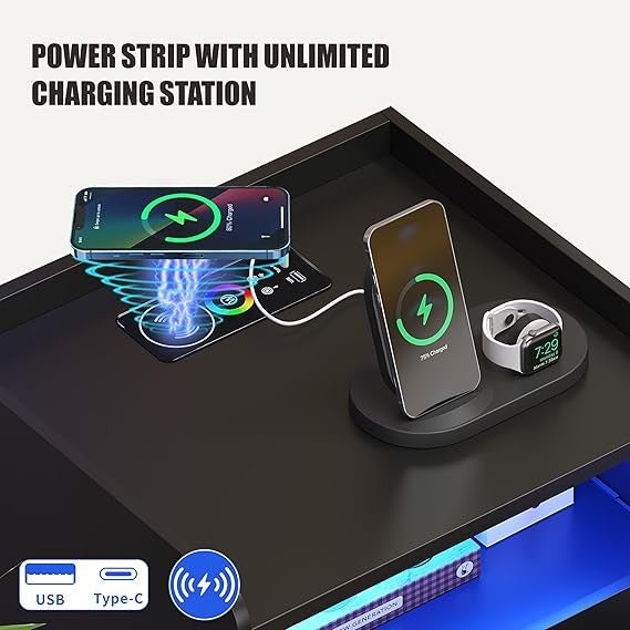 Set of 2 Black LED Bedside Tables with Charging Station & 3 Drawers | Modern - Kwikley