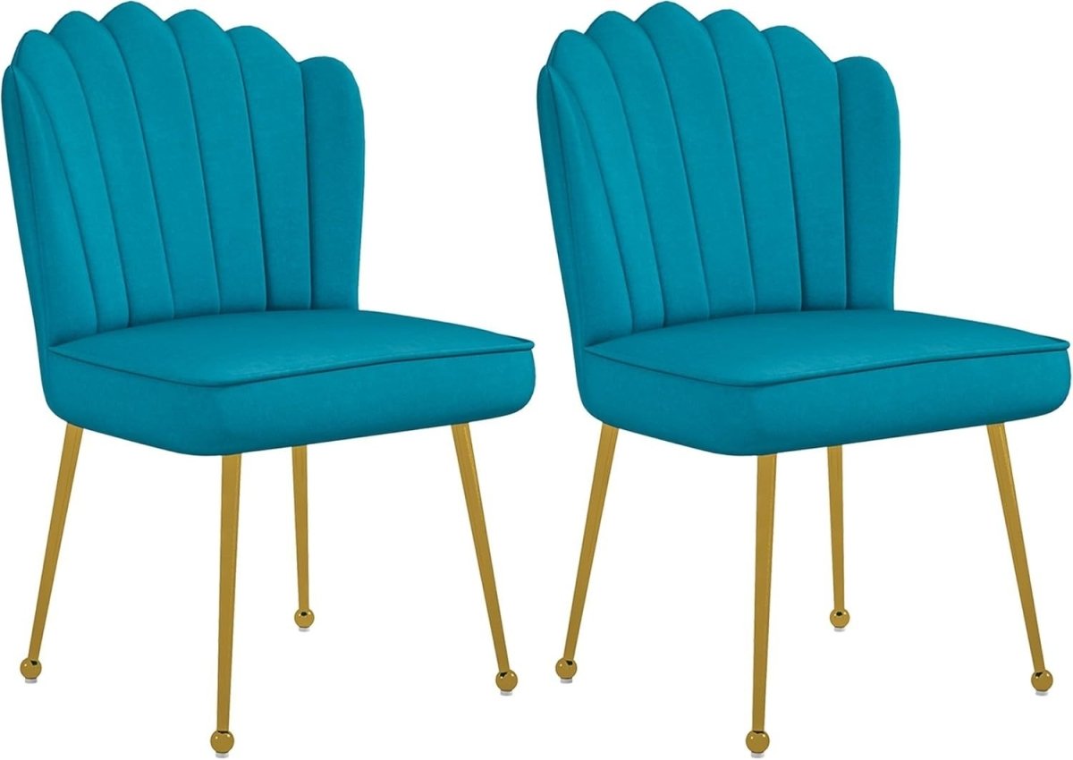 Set of 2 Blue Shell Velvet Accent Chairs Gold Metal Legs Modern Vanity Seats - Kwikley