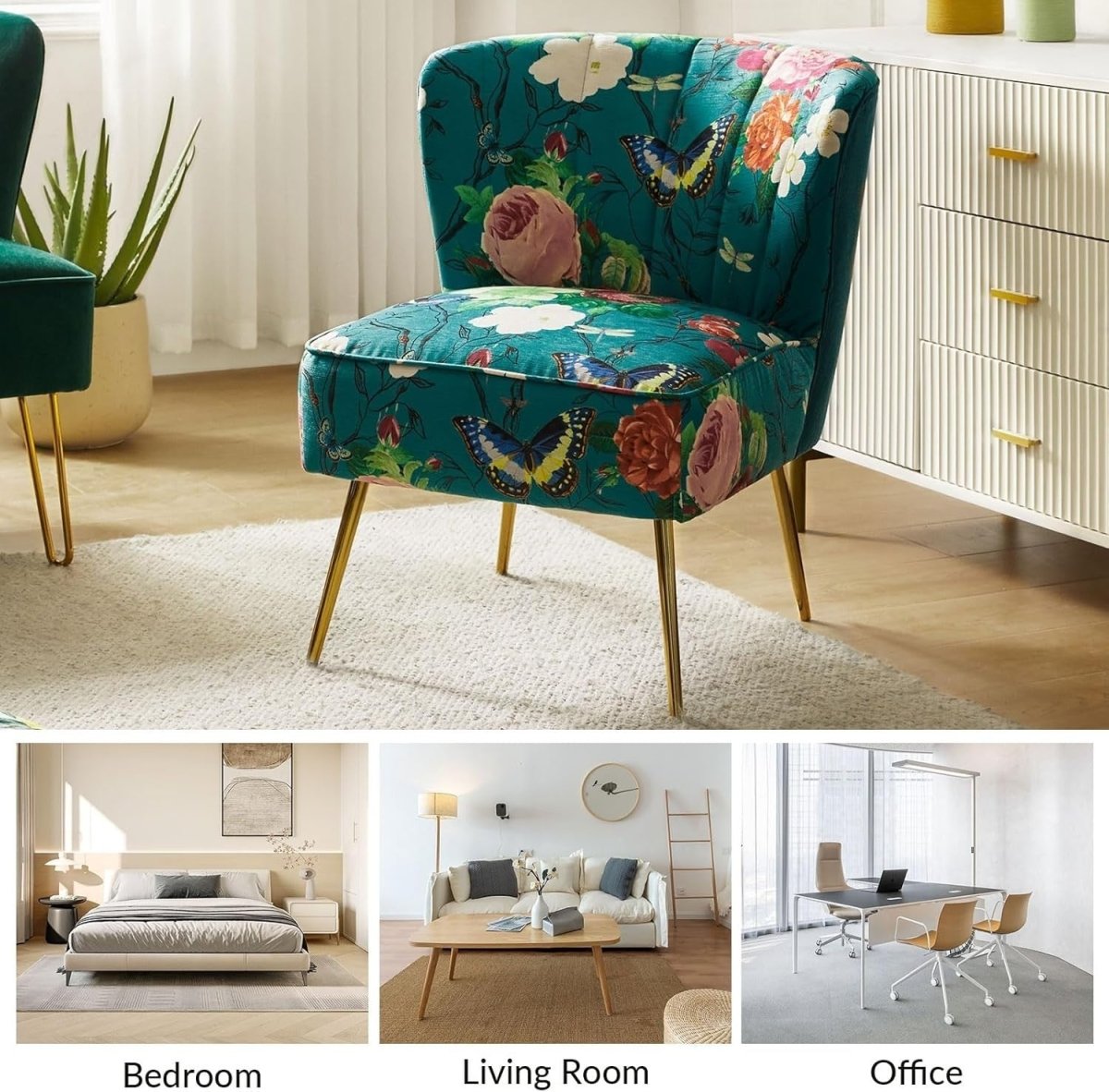 Set of 2 Blue Upholstered Dining Accent Chairs – Comfy Cushion & Gold Legs - Kwikley