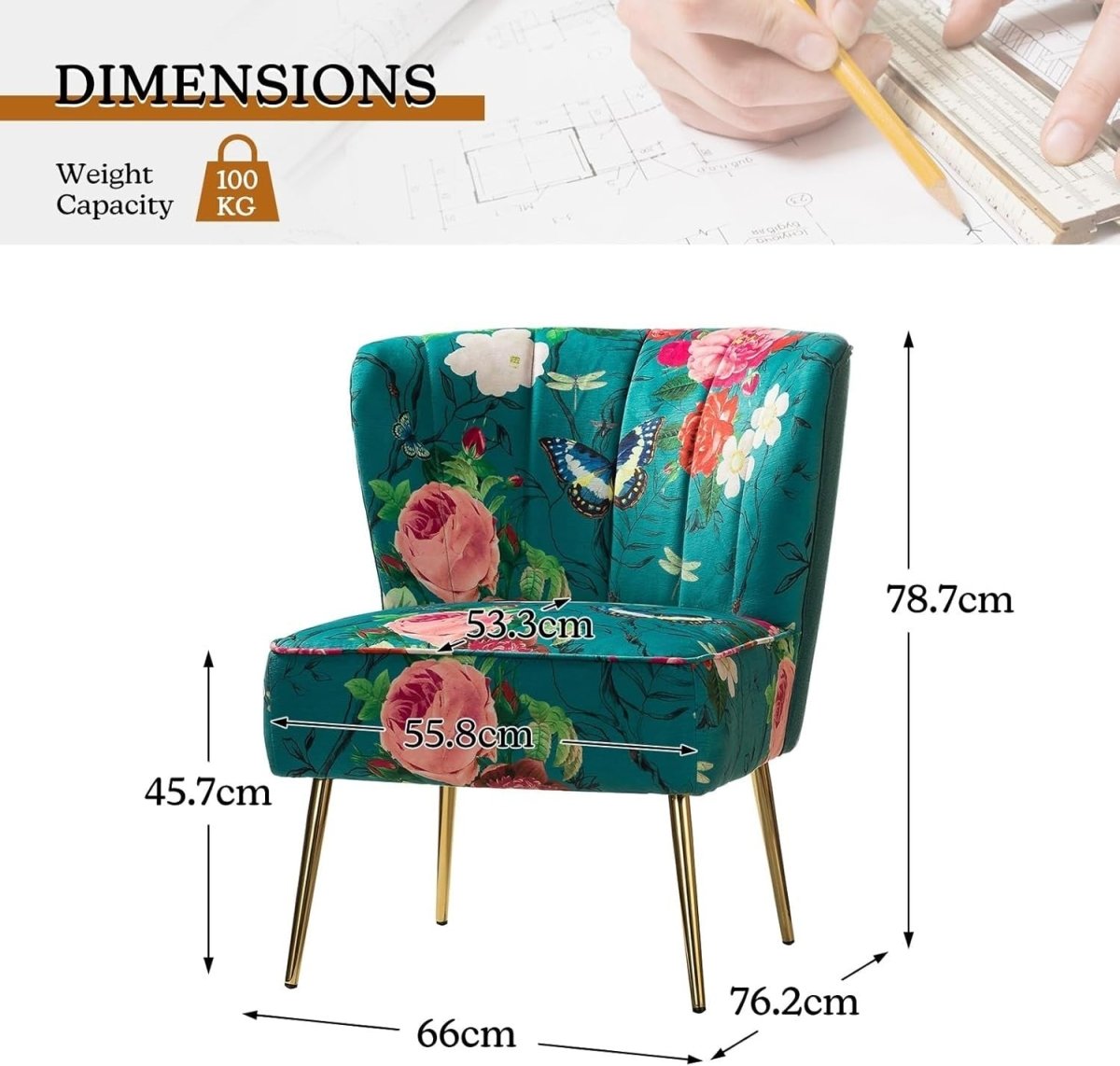 Set of 2 Blue Upholstered Dining Accent Chairs – Comfy Cushion & Gold Legs - Kwikley