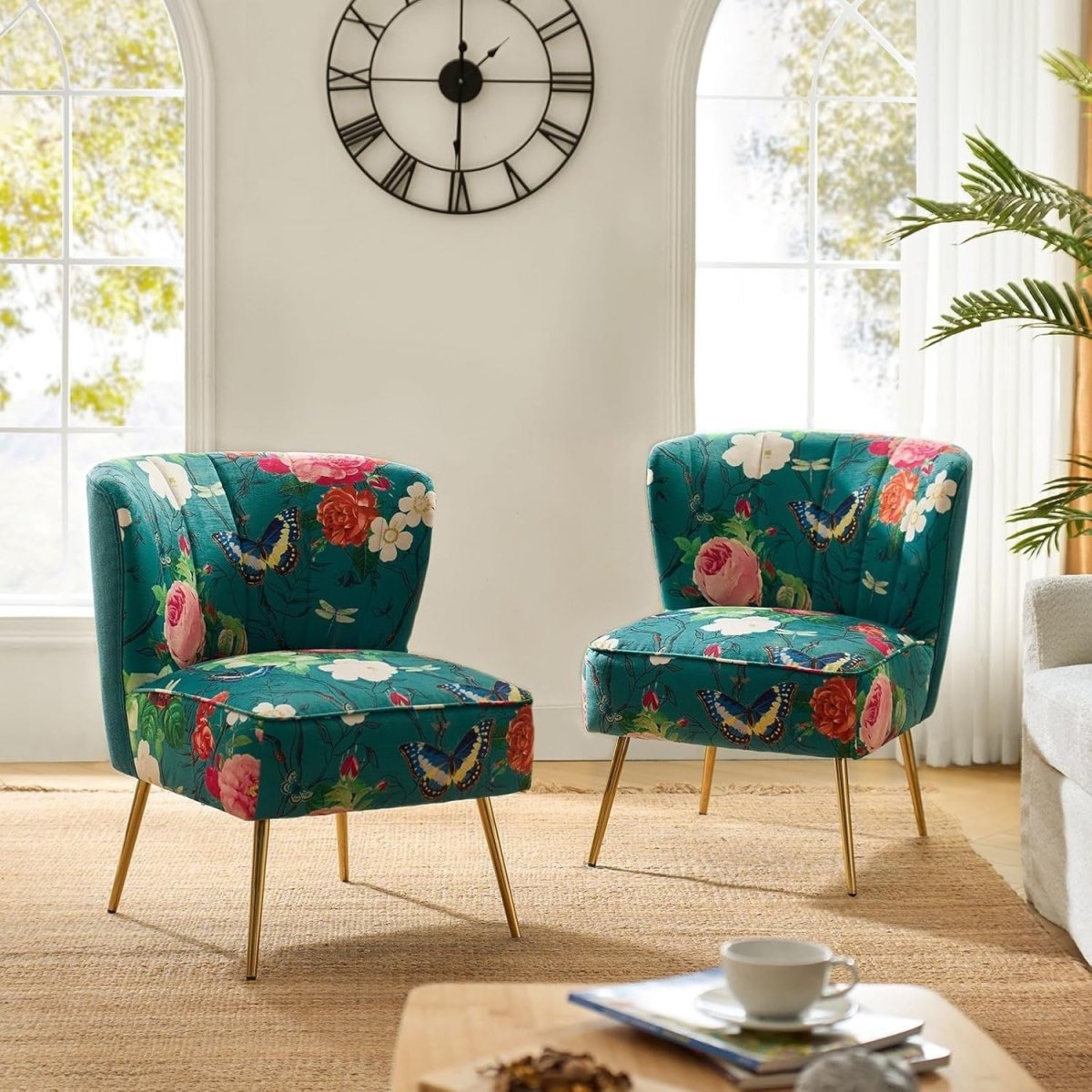 Set of 2 Blue Upholstered Dining Accent Chairs – Comfy Cushion & Gold Legs - Kwikley