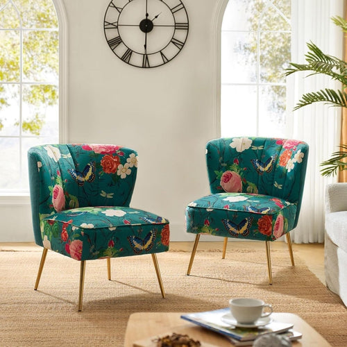 Set of 2 Blue Upholstered Dining Accent Chairs – Comfy Cushion & Gold Legs - Kwikley