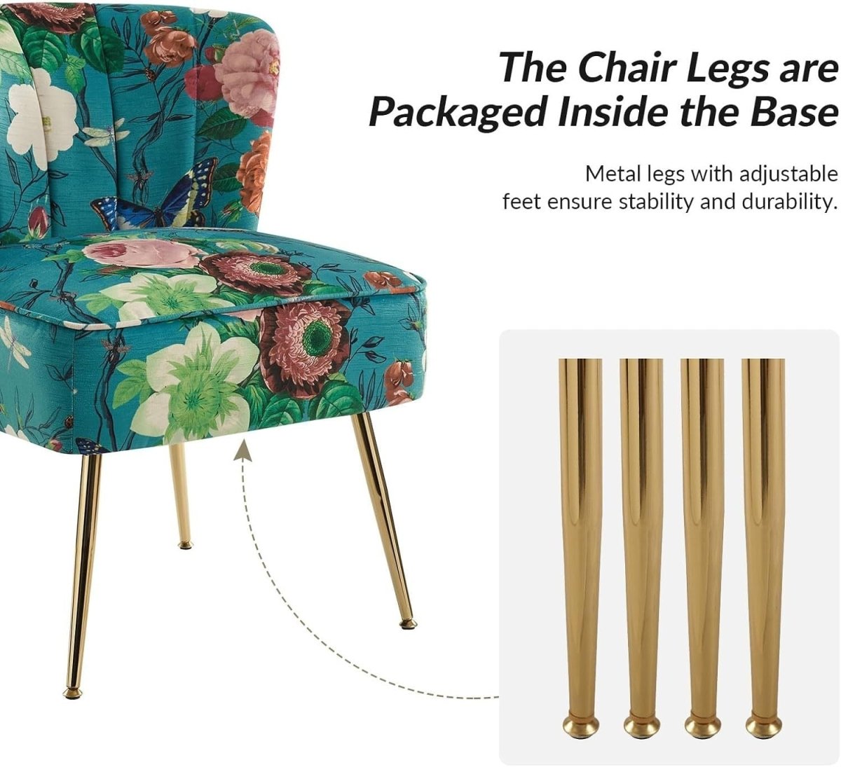 Set of 2 Blue Upholstered Dining Accent Chairs – Comfy Cushion & Gold Legs - Kwikley