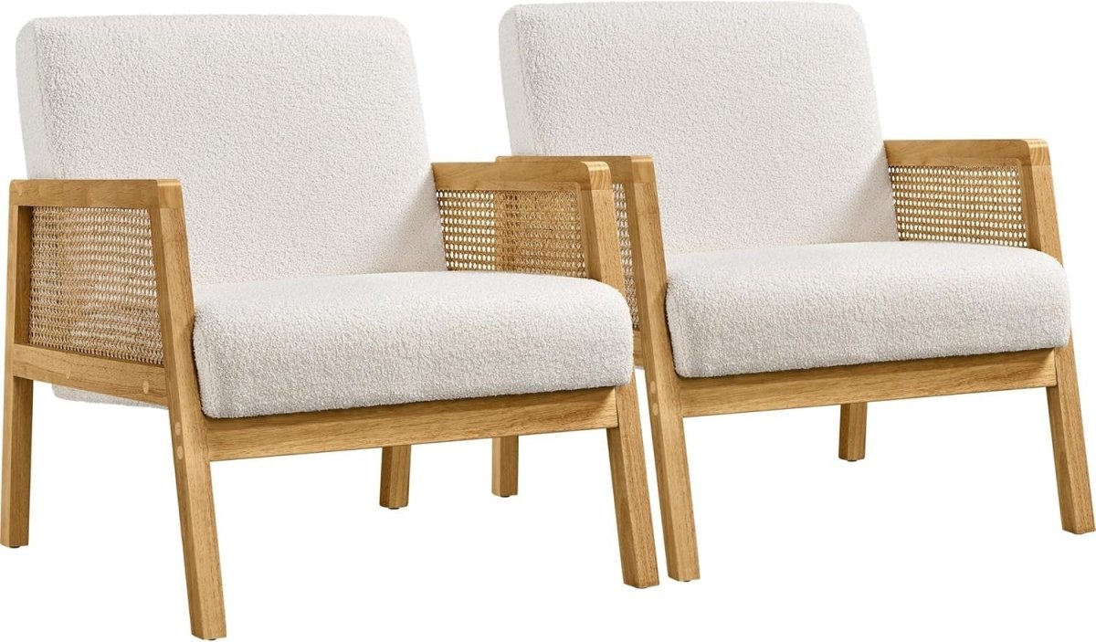 Set of 2 Boucle Fabric Accent Chairs Modern Armchairs with Cane Sides - Kwikley