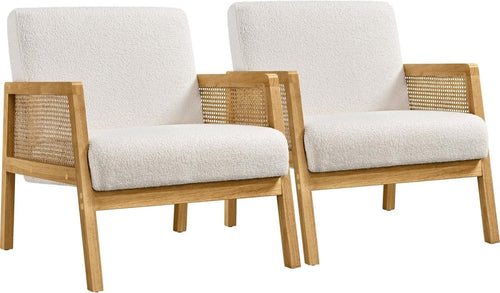 Set of 2 Boucle Fabric Accent Chairs Modern Armchairs with Cane Sides - Kwikley