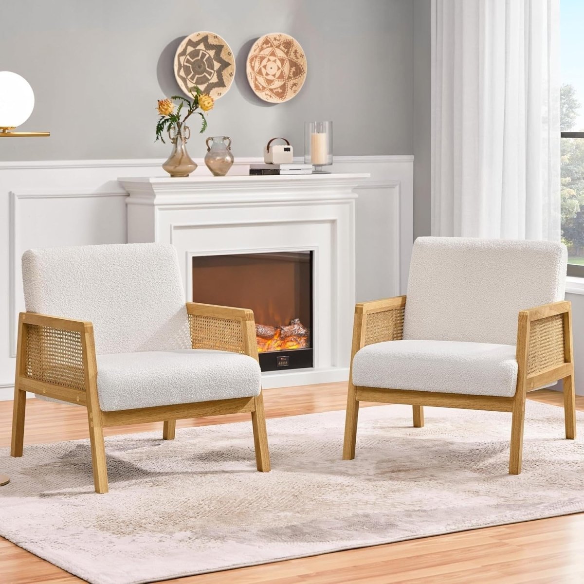 Set of 2 Boucle Fabric Accent Chairs Modern Armchairs with Cane Sides - Kwikley