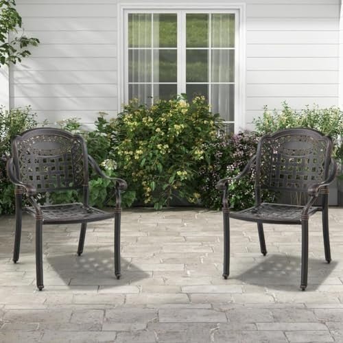 Set of 2 Bronze Cast Aluminum Outdoor Dining Chairs Stackable Garden Patio - Kwikley