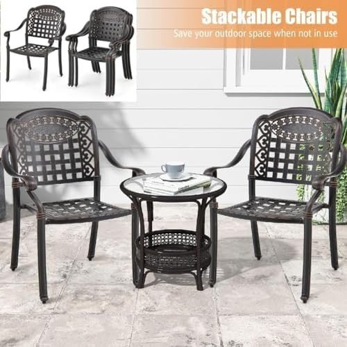 Set of 2 Bronze Cast Aluminum Outdoor Dining Chairs Stackable Garden Patio - Kwikley