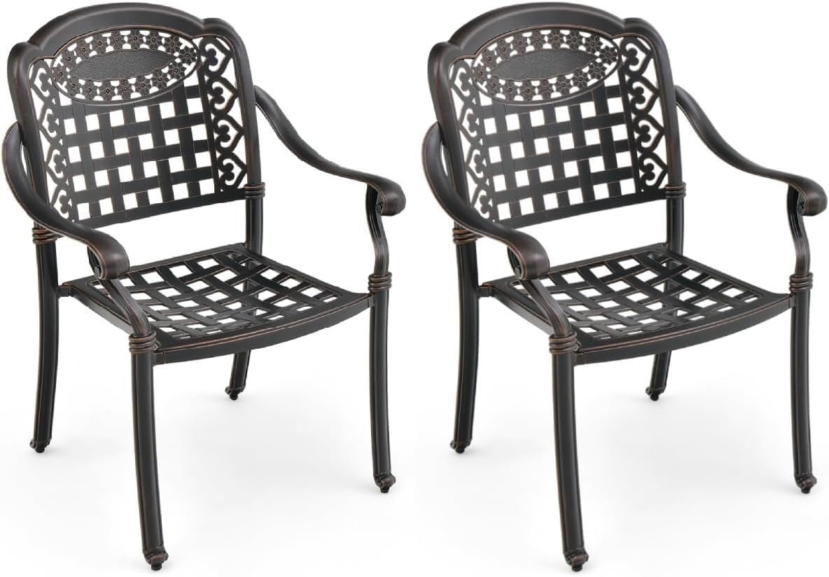 Set of 2 Bronze Cast Aluminum Outdoor Dining Chairs Stackable Garden Patio - Kwikley