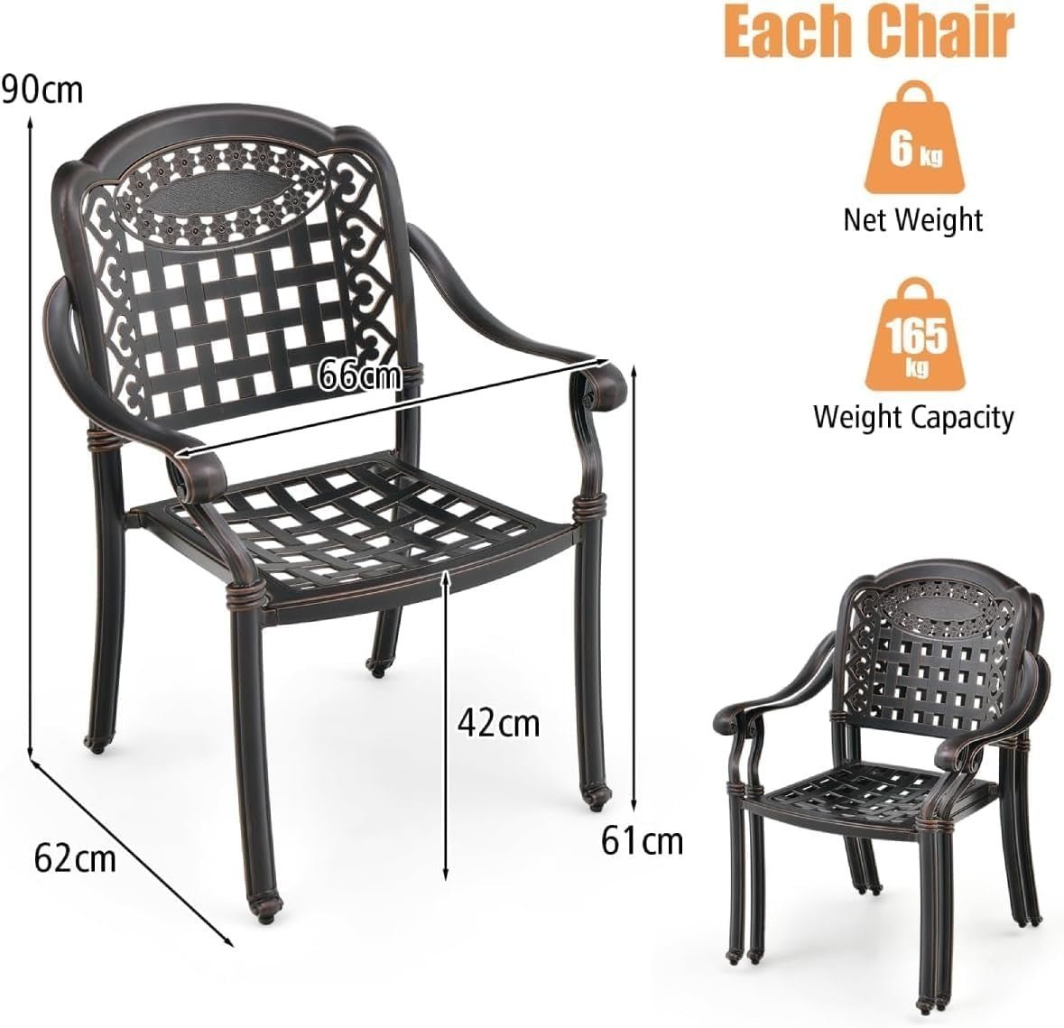 Set of 2 Bronze Cast Aluminum Outdoor Dining Chairs Stackable Garden Patio - Kwikley