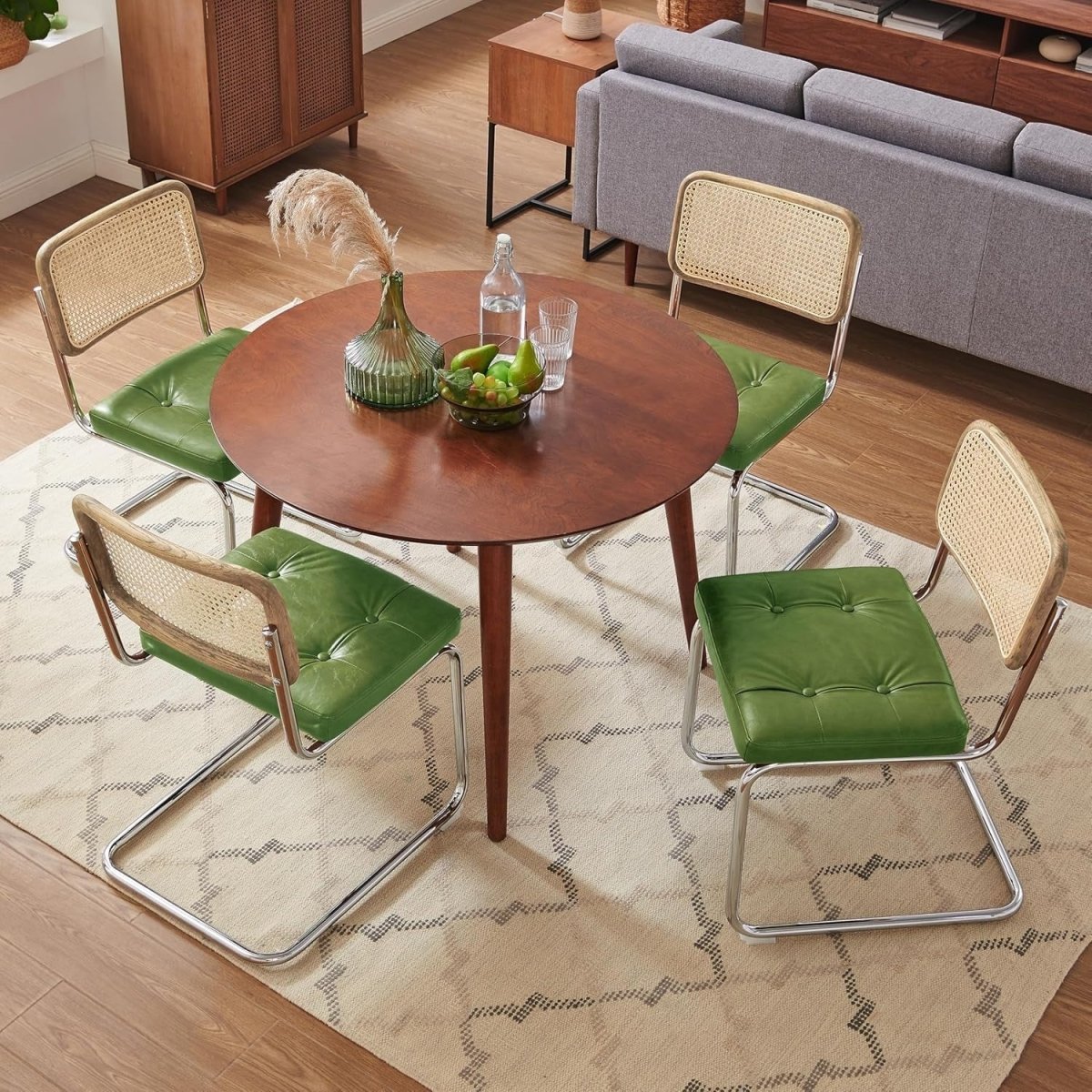 Set of 2 Cane Back Dining Chairs Green Cushioned Seats Chrome Frame Modern - Kwikley