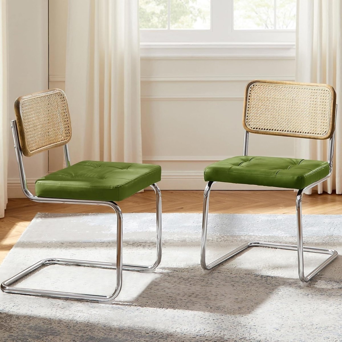Set of 2 Cane Back Dining Chairs Green Cushioned Seats Chrome Frame Modern - Kwikley