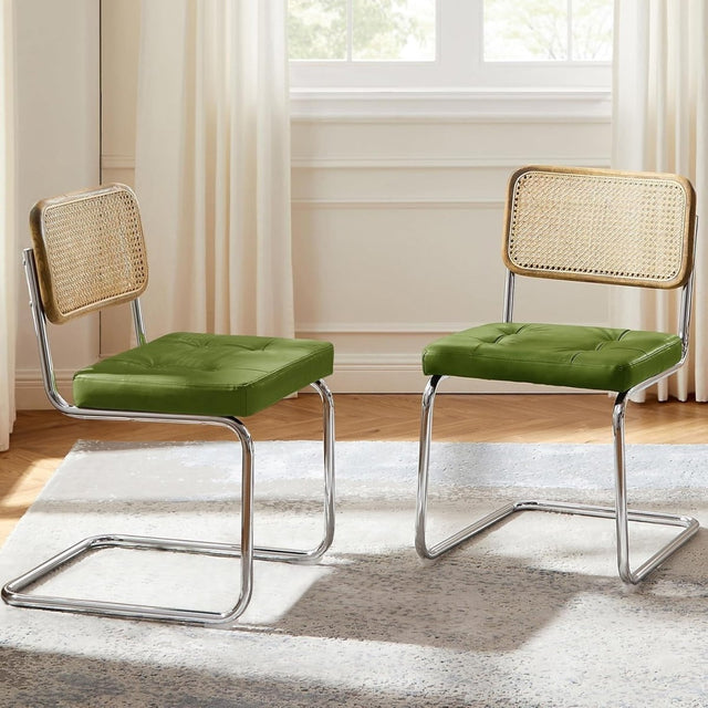 Set of 2 Cane Back Dining Chairs Green Cushioned Seats Chrome Frame Modern