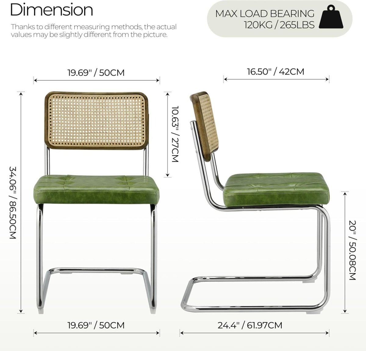 Set of 2 Cane Back Dining Chairs Green Cushioned Seats Chrome Frame Modern - Kwikley