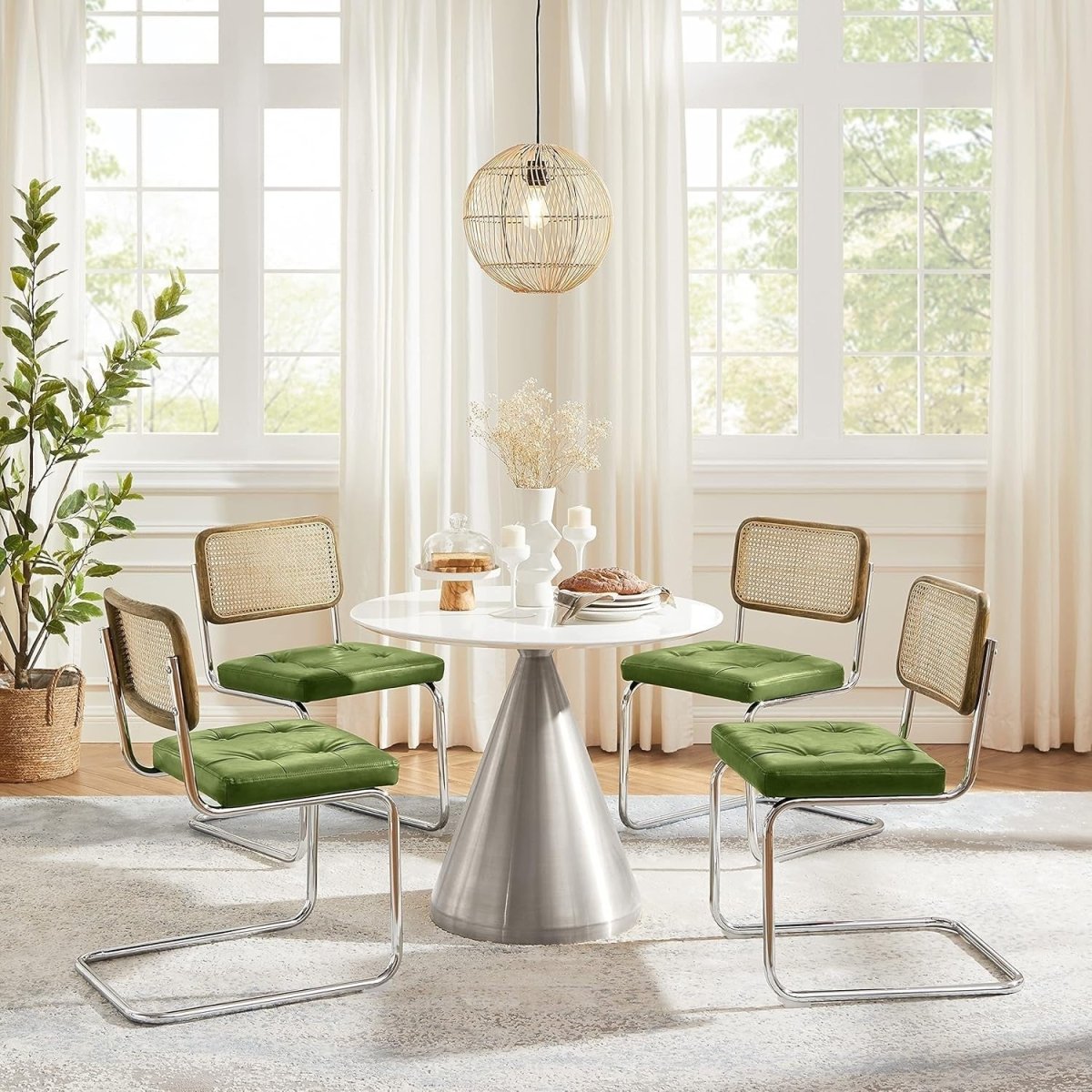 Set of 2 Cane Back Dining Chairs Green Cushioned Seats Chrome Frame Modern - Kwikley