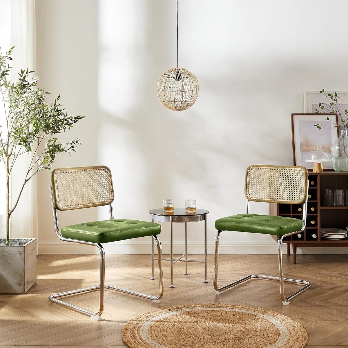 Set of 2 Cane Back Dining Chairs Green Cushioned Seats Chrome Frame Modern - Kwikley