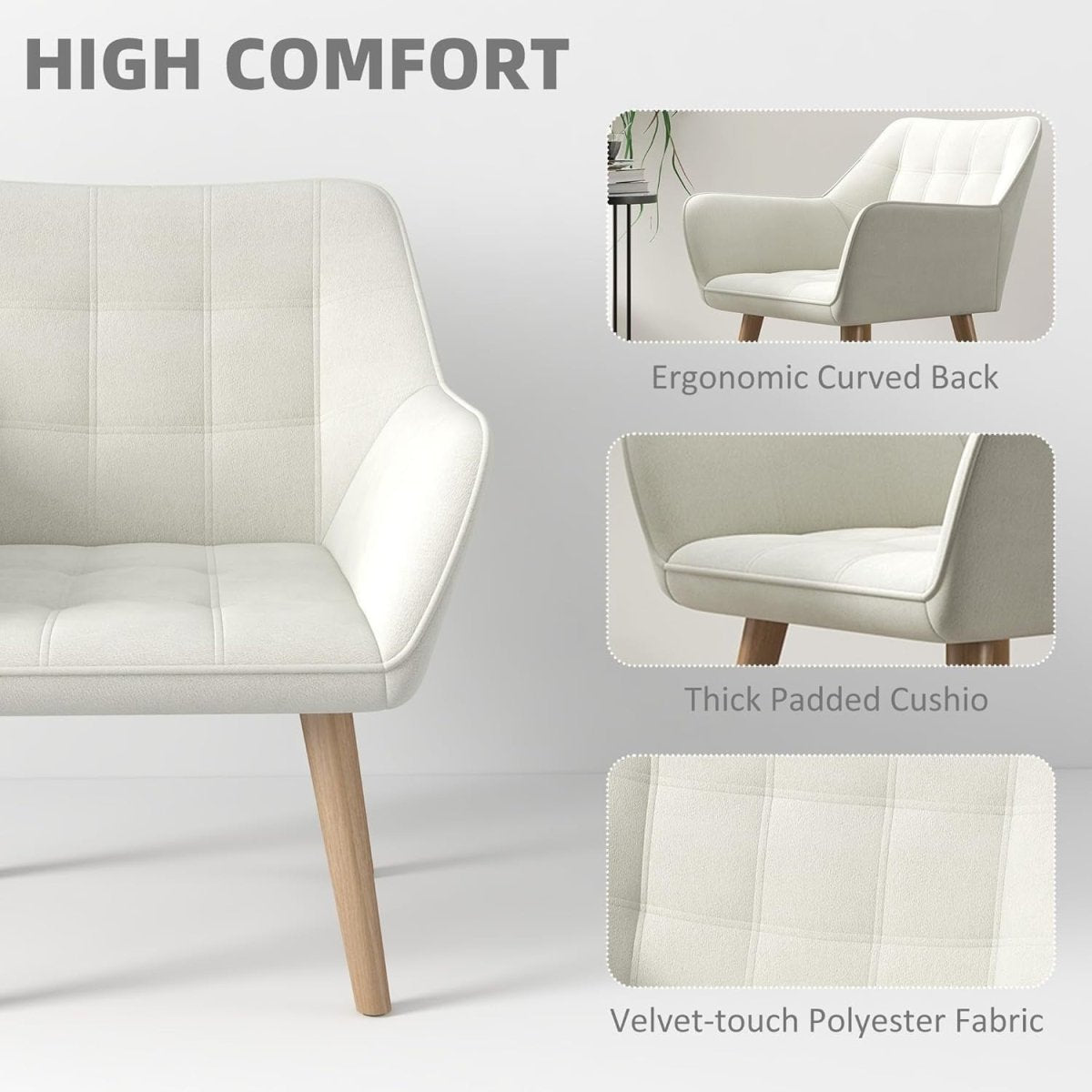 Set of 2 Cream White Velvet Armchairs Wide Arm Accent Chairs Modern Lounge - Kwikley