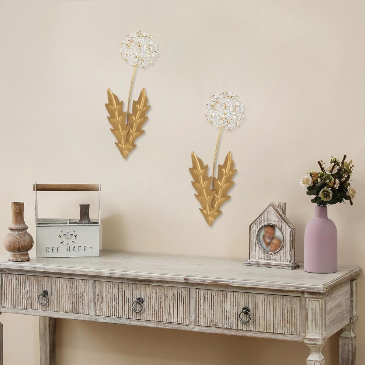 Set of 2 Gold Metal Hydrangea Wall Art 13" 3D Floral Decor - Kwikley