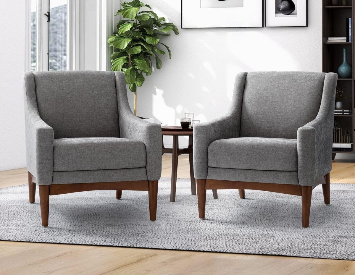 Set of 2 Grey Fabric Accent Chairs Upholstered Armchairs for Living Room. - Kwikley