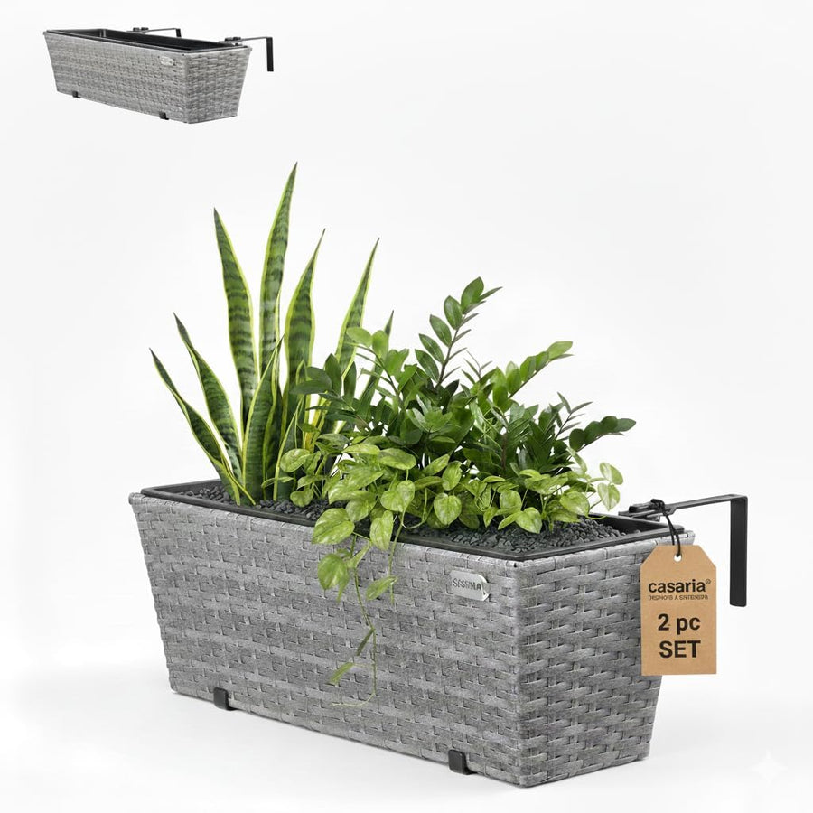 Set of 2 Grey Rattan Balcony Planters 60cm Hanging Window Boxes - Kwikley