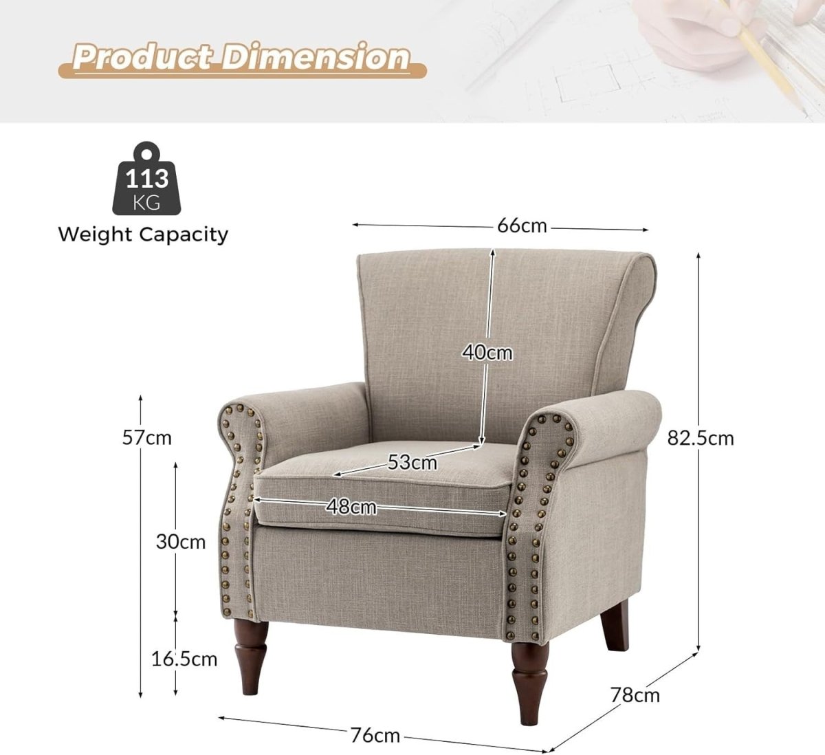 Set of 2 Grey Wingback Accent Chair Upholstered Armchair with Nailhead Trim - Kwikley