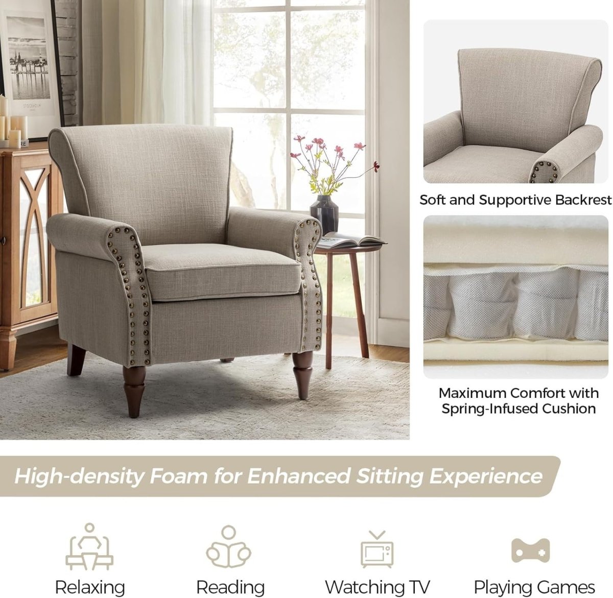 Set of 2 Grey Wingback Accent Chair Upholstered Armchair with Nailhead Trim - Kwikley