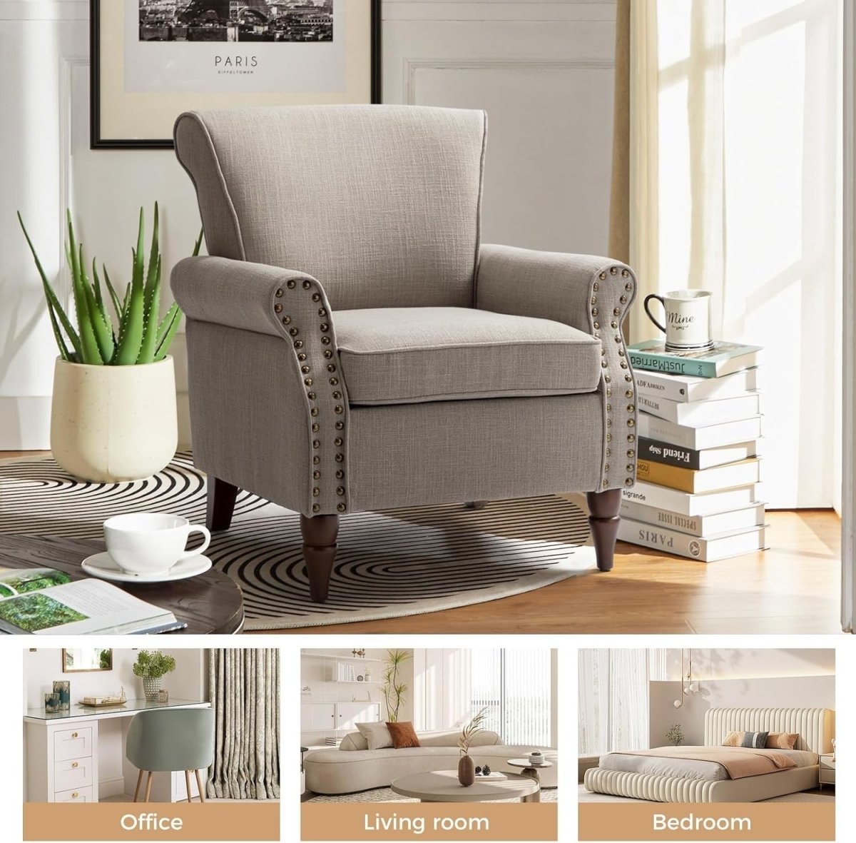 Set of 2 Grey Wingback Accent Chair Upholstered Armchair with Nailhead Trim - Kwikley