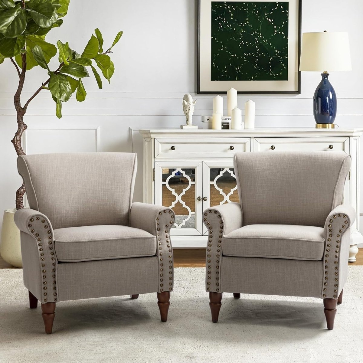 Set of 2 Grey Wingback Accent Chair Upholstered Armchair with Nailhead Trim - Kwikley