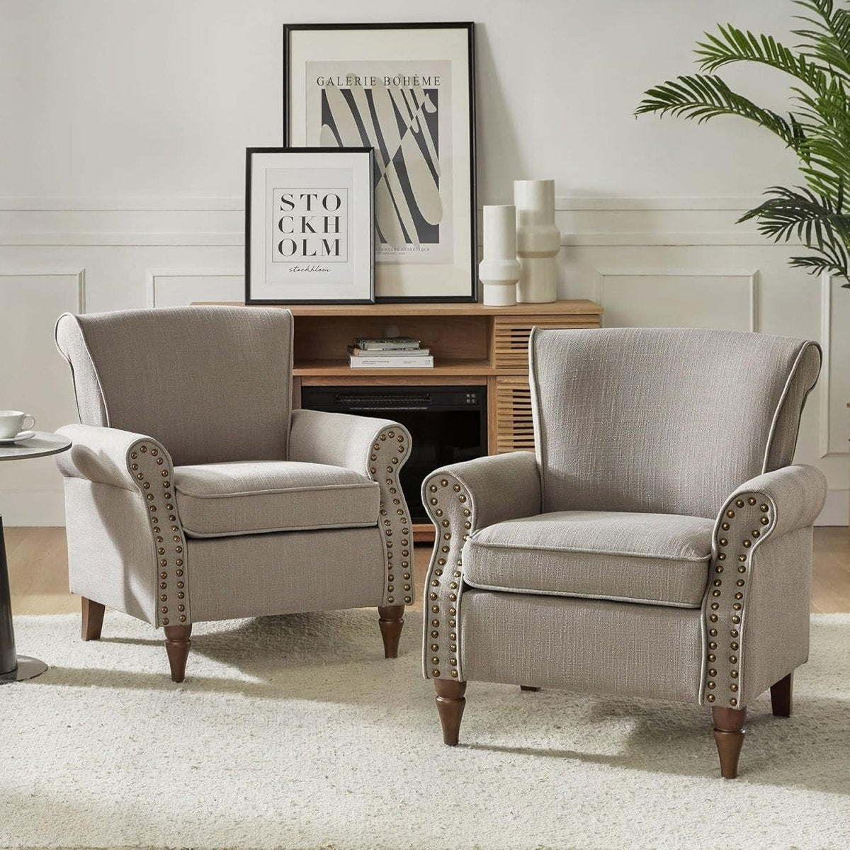 Set of 2 Grey Wingback Accent Chair Upholstered Armchair with Nailhead Trim - Kwikley