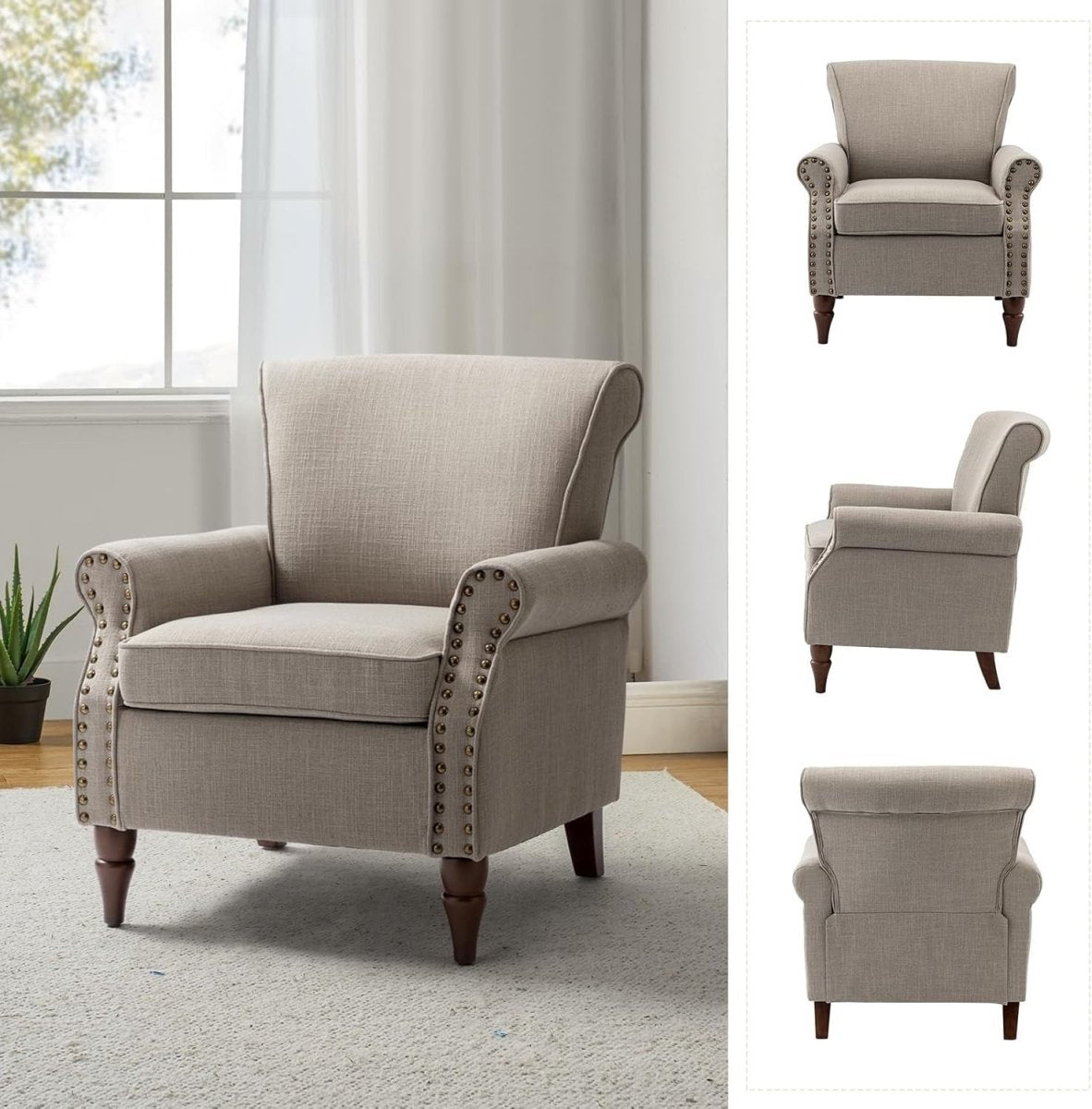 Set of 2 Grey Wingback Accent Chair Upholstered Armchair with Nailhead Trim - Kwikley