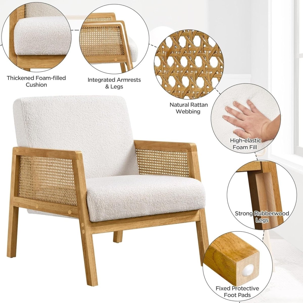 Set of 2 Ivory Modern Accent Chairs with Rattan Arms | Plush Boucle Fabric - Kwikley