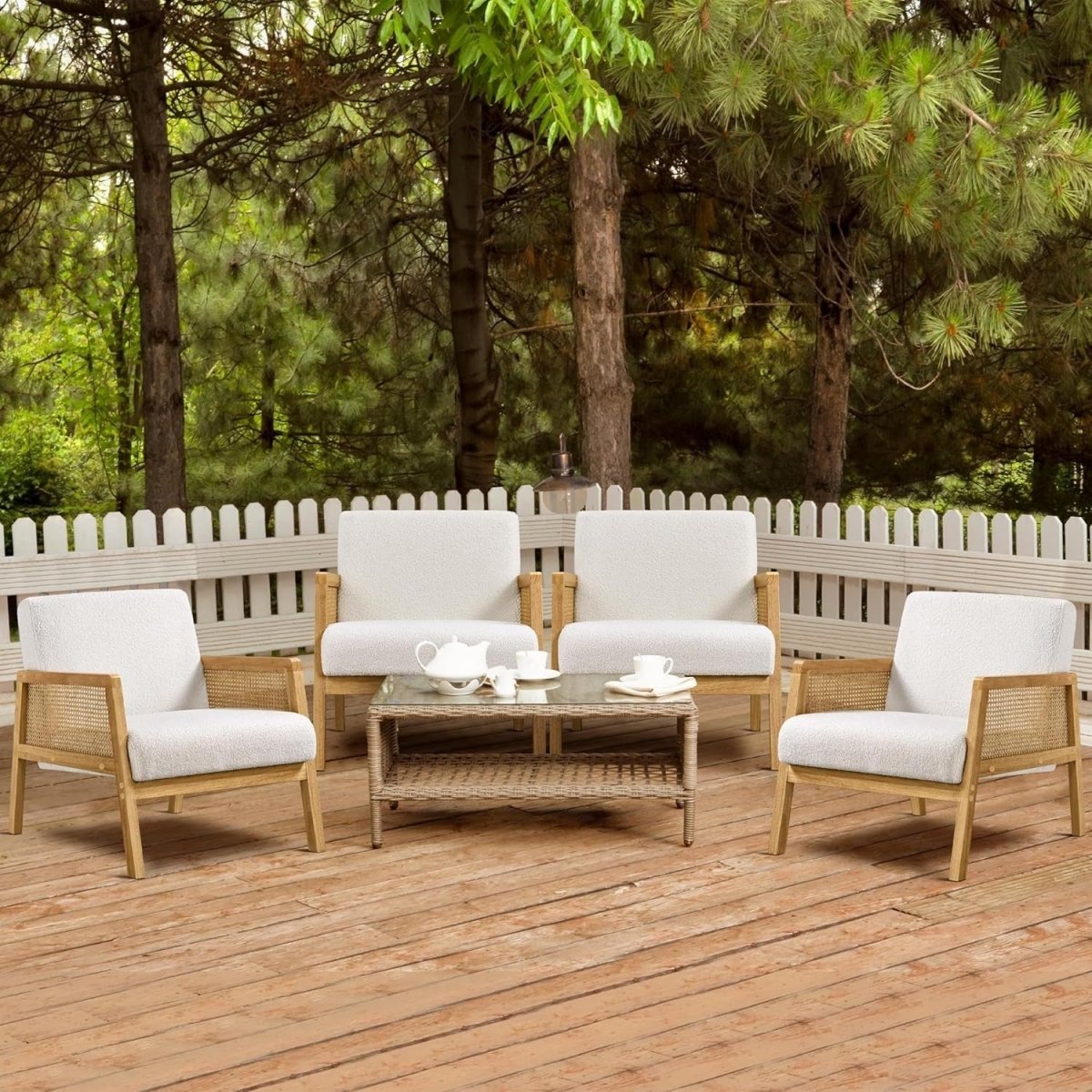 Set of 2 Ivory Modern Accent Chairs with Rattan Arms | Plush Boucle Fabric - Kwikley