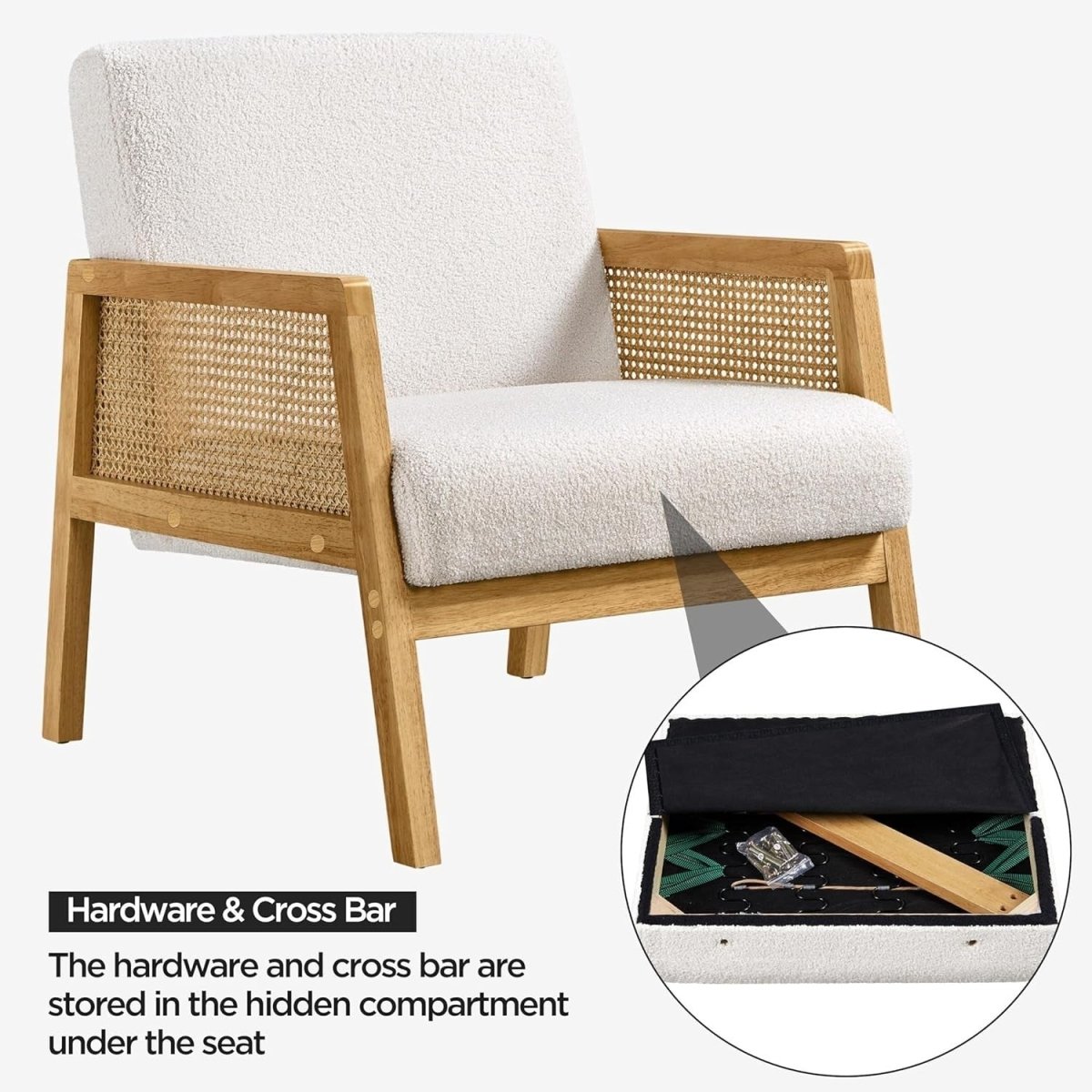 Set of 2 Ivory Modern Accent Chairs with Rattan Arms | Plush Boucle Fabric - Kwikley