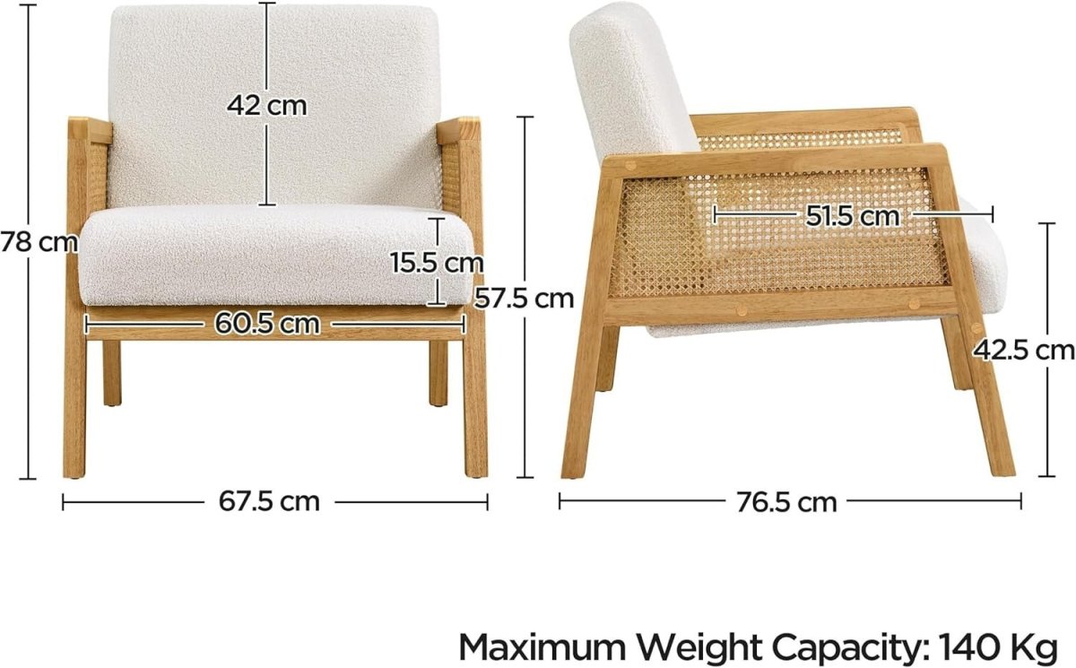 Set of 2 Ivory Modern Accent Chairs with Rattan Arms | Plush Boucle Fabric - Kwikley