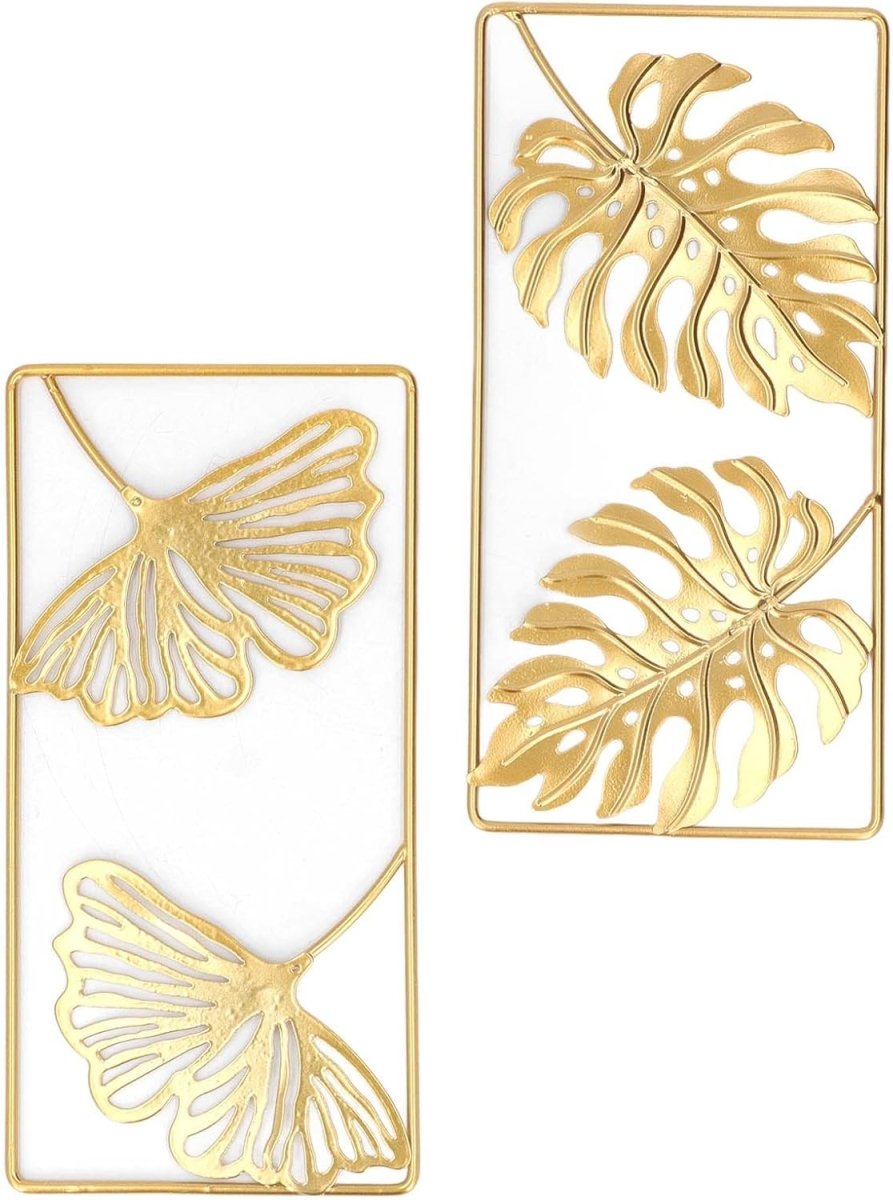 Set of 2 Large 3D Ginkgo Leaf Metal Wall Art Gold Frame - Kwikley