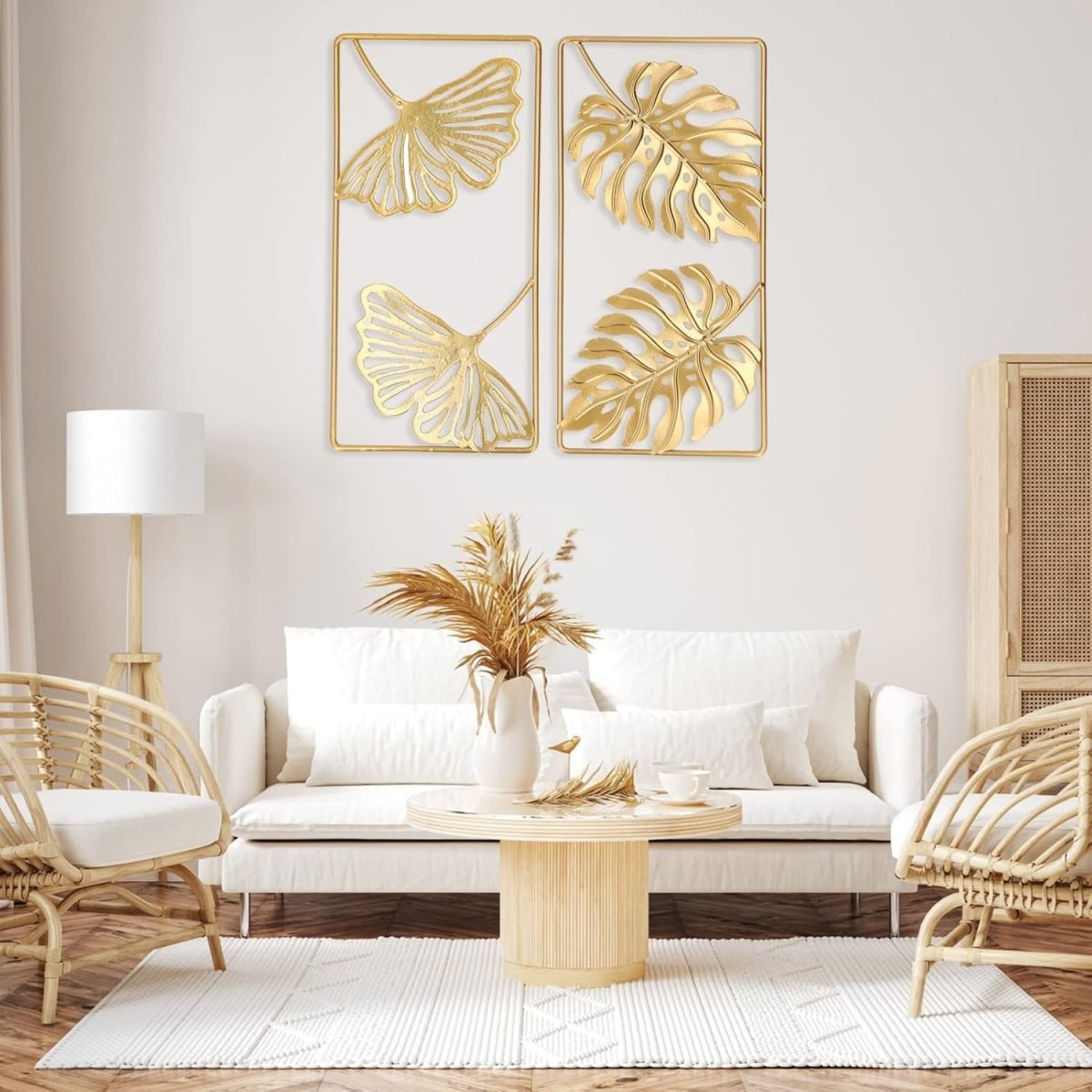 Set of 2 Large 3D Ginkgo Leaf Metal Wall Art Gold Frame - Kwikley