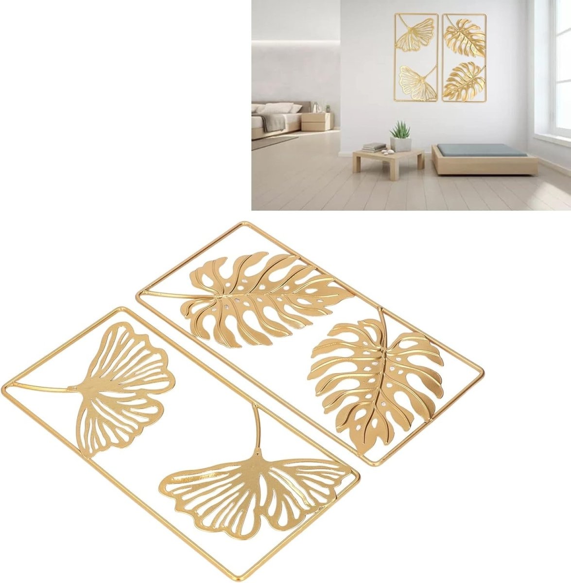 Set of 2 Large 3D Ginkgo Leaf Metal Wall Art Gold Frame - Kwikley