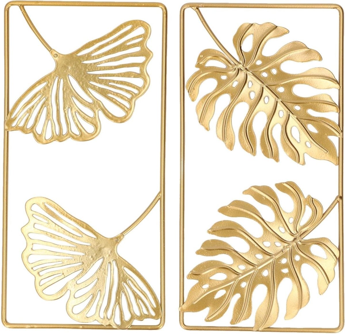 Set of 2 Large 3D Ginkgo Leaf Metal Wall Art Gold Frame - Kwikley