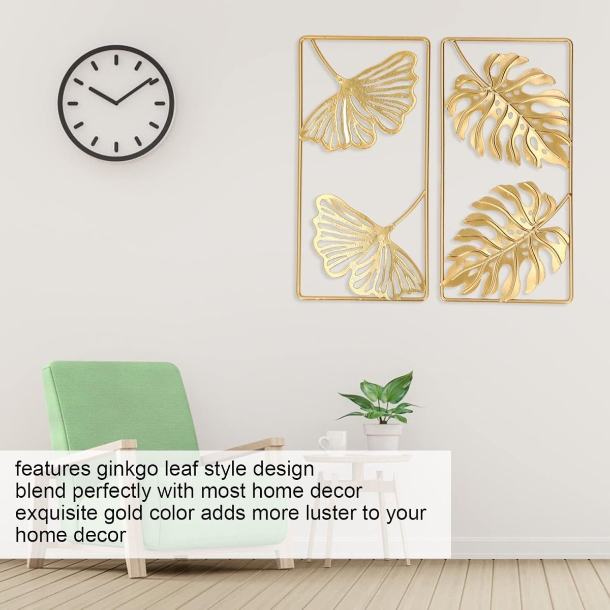 Set of 2 Large 3D Ginkgo Leaf Metal Wall Art Gold Frame - Kwikley
