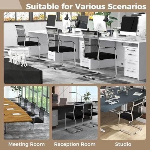 Set of 2 Mesh Office Guest Chairs Metal Sled Base Black - Kwikley