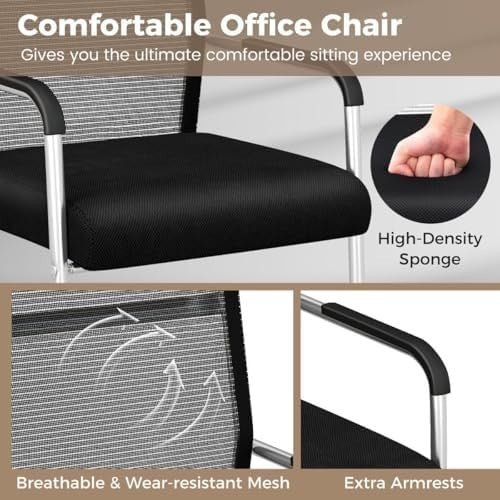 Set of 2 Mesh Office Guest Chairs Metal Sled Base Black - Kwikley