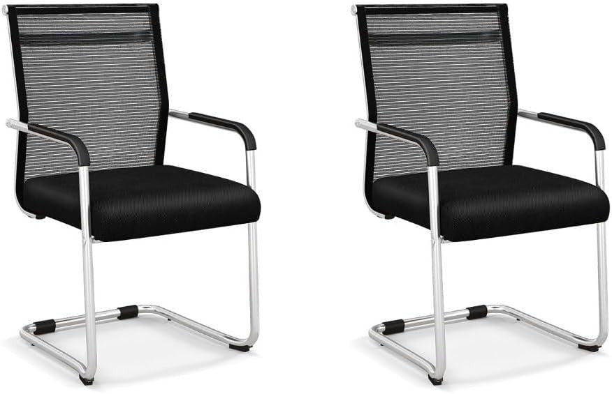 Set of 2 Mesh Office Guest Chairs Metal Sled Base Black - Kwikley