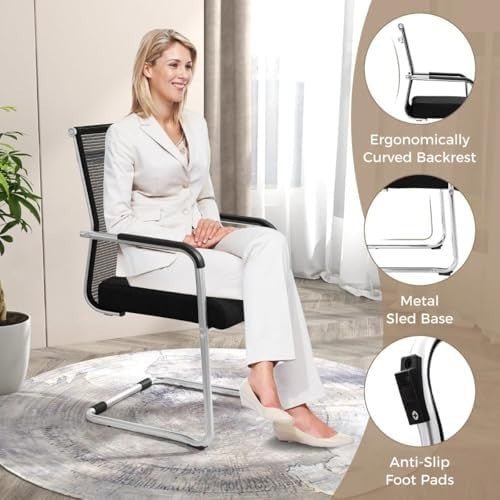 Set of 2 Mesh Office Guest Chairs Metal Sled Base Black - Kwikley