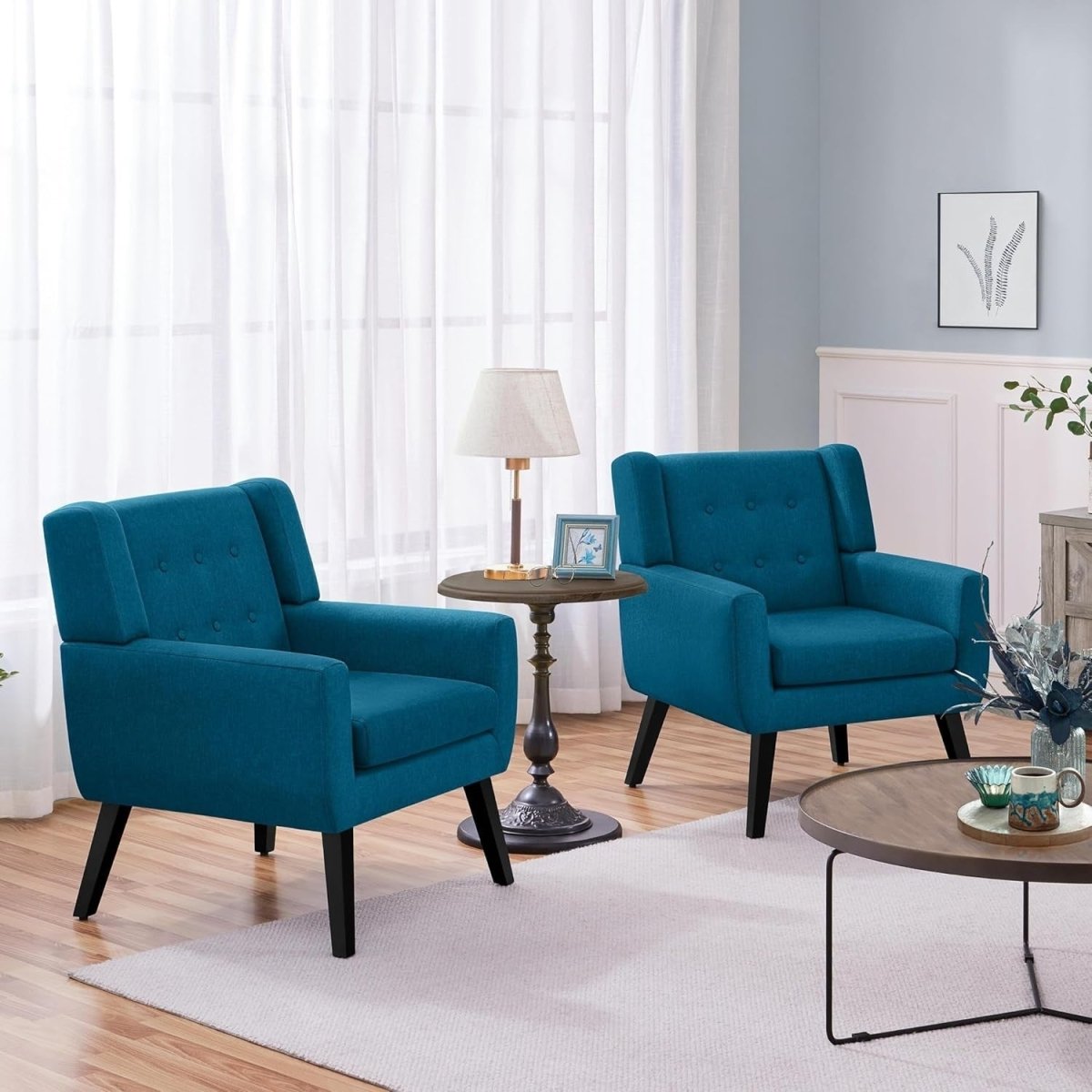 Set of 2 Navy Blue Linen Armchairs | Modern Tufted Accent Chairs - Kwikley