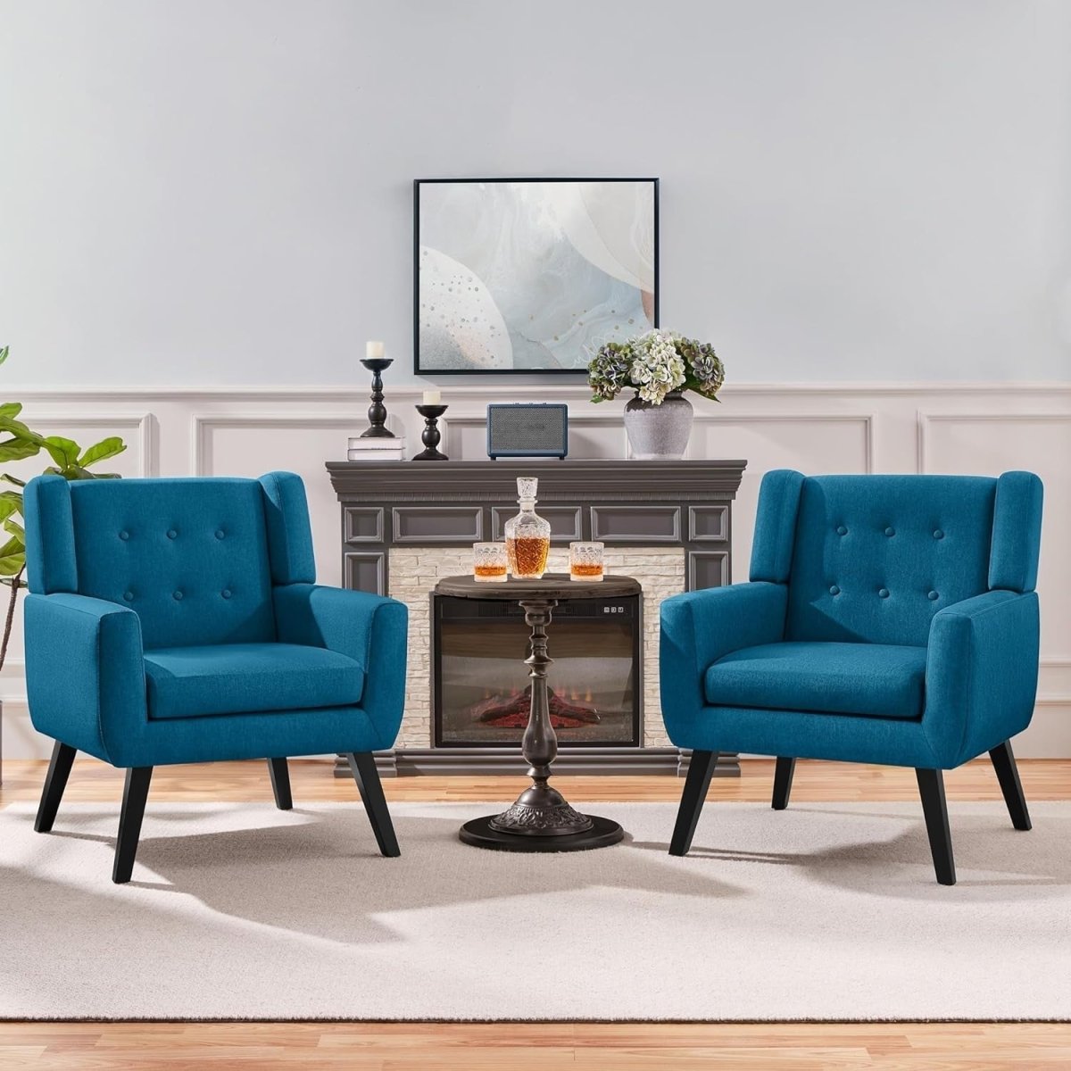 Set of 2 Navy Blue Linen Armchairs | Modern Tufted Accent Chairs - Kwikley