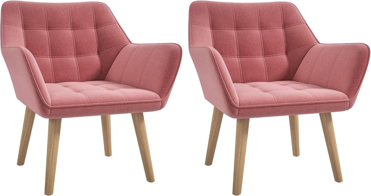 Set of 2 Pink Velvet Armchairs Wide Arm Accent Chairs Modern Lounge Seats - Kwikley