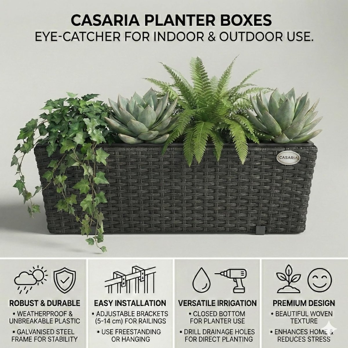 Set of 2 Rattan Balcony Planters 60cm Hanging Window Box Black - Kwikley