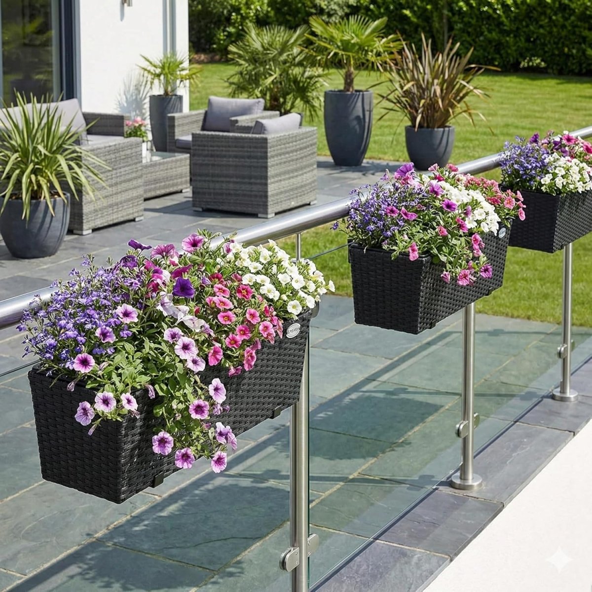 Set of 2 Rattan Balcony Planters 60cm Hanging Window Box Black - Kwikley