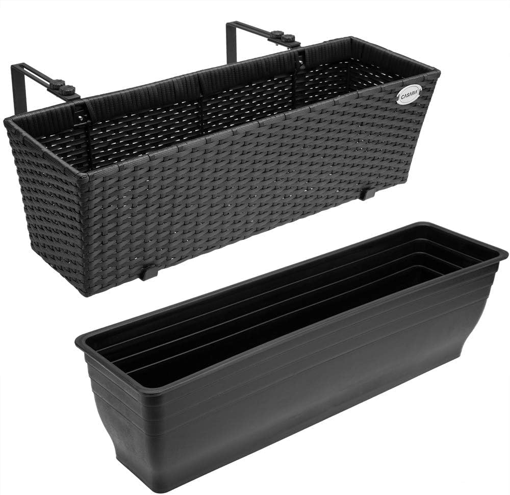 Set of 2 Rattan Balcony Planters 60cm Hanging Window Box Black - Kwikley